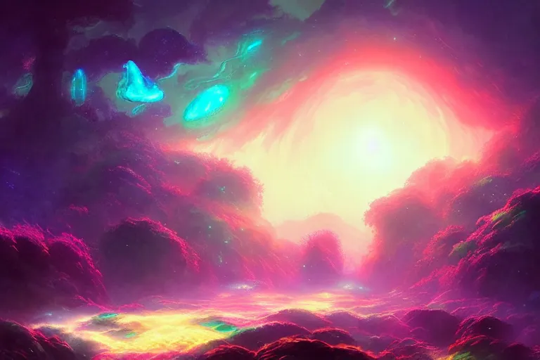 Prompt: a psychedelic realm at the edge of the known universe, astral beings sharing love!!!!, in the style of greg rutkowski! and wlop and lisa frank! and bob ross!!! and ruan jia, illustration, epic, fantasy, hyper detailed, smooth, unreal engine, sharp focus, ray tracing, iridescent, subsurface scattering