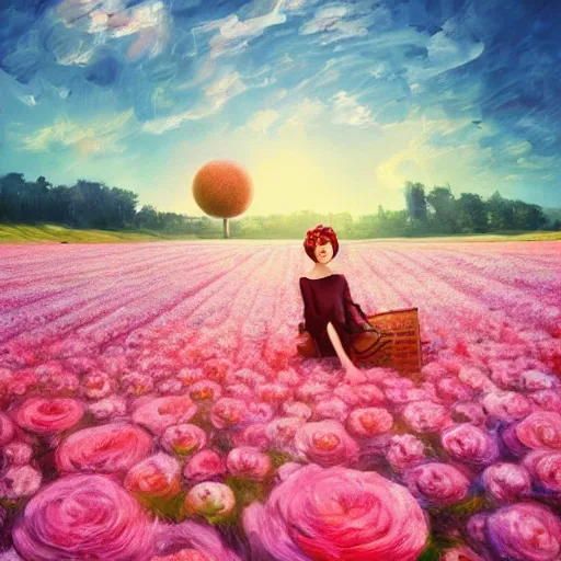 Image similar to giant rose flower head, girl sitting in a flower field, surreal photography, sunrise, dramatic light, impressionist painting, colorful clouds, digital painting, artstation, simon stalenhag