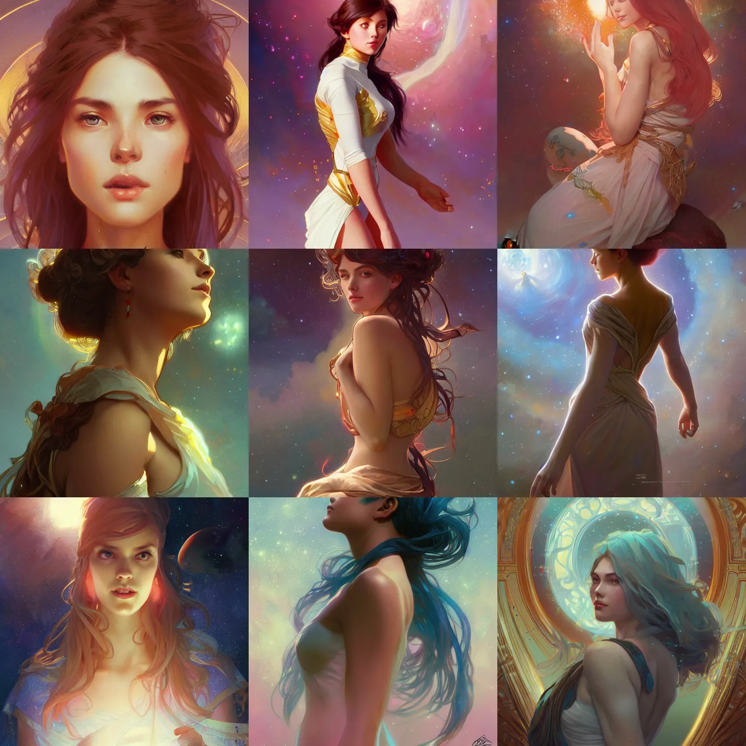 Prompt: cosmic Girl in love, subtle, looking far , highly detailed, digital painting, artstation, concept art, sharp focus, art by artgerm and greg rutkowski and alphonse mucha