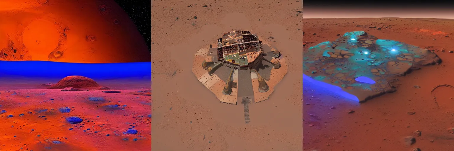 Prompt: a large colorfully lit futuristic base on the surface of Mars,