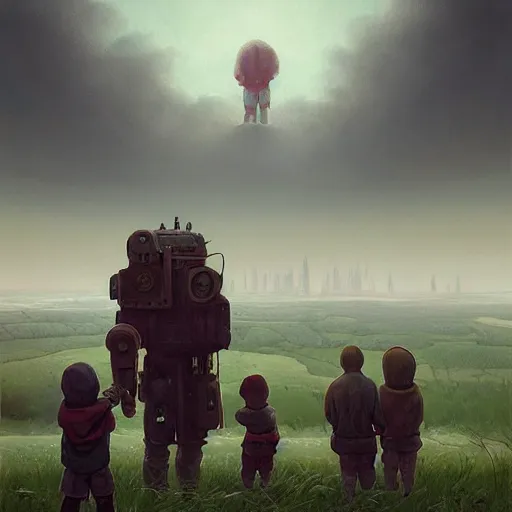 Image similar to giant 2 1 savage standing over tiny humans by simon stalenhag, atmospheric haze, children below look up, misty evening, sci fi digital painting, unreal engine 5, photorealism, hd quality, 8 k resolution, cinema 4 d, 3 d, cinematic, professional photography, art by artgerm and greg rutkowski and alphonse mucha and loish and wlop