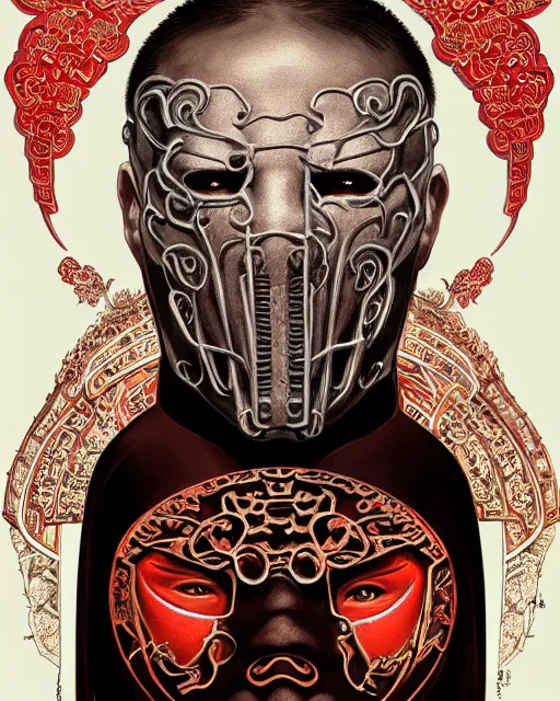 Image similar to portrait of slipknot band, upper half portrait, decorated with chinese opera motifs, asian, bian lian, traditional chinese art, intricate, elegant, highly detailed, symmetry, digital painting, artstation, concept art, smooth, sharp focus, illustration, art by artgerm and greg rutkowski and alphonse mucha, 8 k