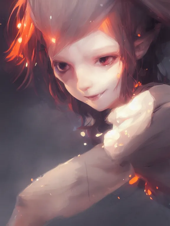 Image similar to Full shot of a cute mischievous young witch about to get up to some trouble. Black and Orange palette. By Ruan Jia and Artgerm and Range Murata and WLOP and CLAMP. Key Art. Fantasy Illustration. award winning, Artstation, intricate details, realistic, Hyperdetailed, 8k resolution.