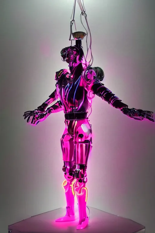 Image similar to full-body baroque and bladerunner style pink neon and chrome statue of a muscular handsome Spanish ninja robot god humanoid wearing a see-through silk cloak sim roupa, posing like a falling model, suspended from the ceiling with thick white cables, glowing peach face, street hoody of red steampunk lasers, emeralds, swirling silver silk fabric. futuristic elements. oozing glowing liquid, full-length view. space robots. human skulls. throne made of bones, intricate artwork by caravaggio. Trending on artstation, octane render, cinematic lighting from the right, hyper realism, octane render, 8k, depth of field, 3D