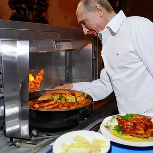 Image similar to Vladimir Putin being cooked on a rotisserie in Spain