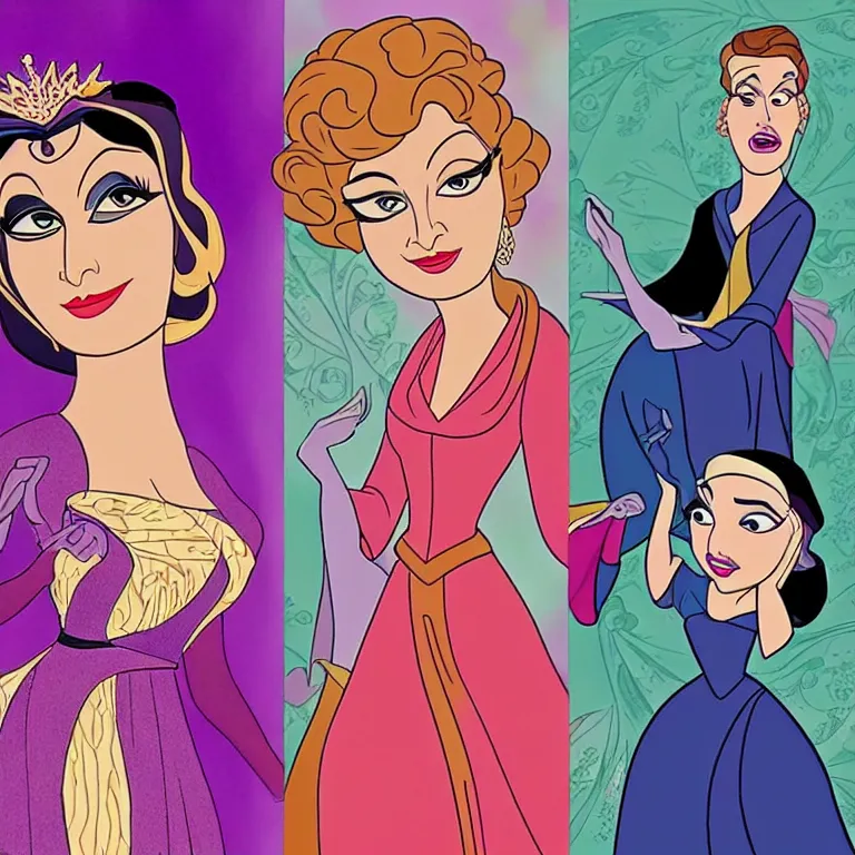 Image similar to Norma Desmond as a Disney Princess, in the style of a colorful Disney cartoon