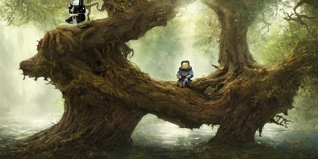Image similar to an astronaut sitting on a fallen tree by a river in a forest, a detailed matte painting by frieke janssens, featured on cgsociety, fantasy art, matte painting, reimagined by industrial light and magic, matte drawing