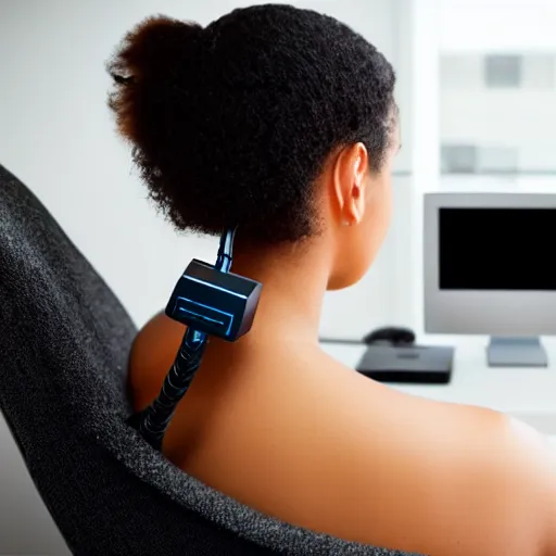 Image similar to hdmi cable plugged in, back of head, woman, computer