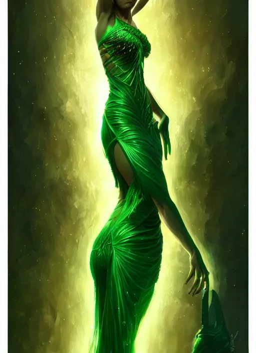 Image similar to lucy liu as green goddess, intricate, elegant, glowing lights, highly detailed, digital painting, artstation, full figure, glamor pose, concept art, smooth, sharp focus, illustration, art by artgerm and greg rutkowski, artey freytag