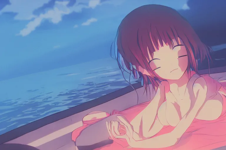 Image similar to a cute anime woman sleeping on a raft, misty, glows, by studio ghibli, anime, hazy, foggy, ambient lighting, 8 k, neon, synthwave,