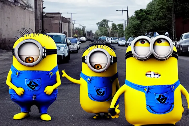 Prompt: minion crip gang members in the ghetto