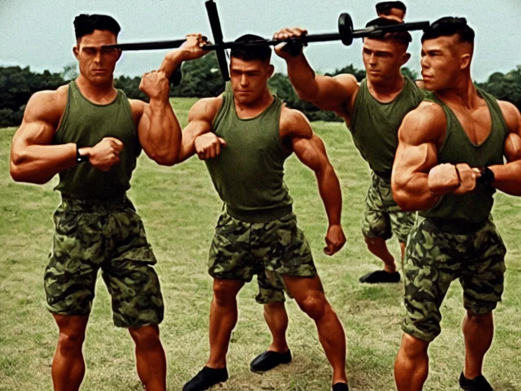 Image similar to vintage 90s VHS video still of a conjoined twin muscular soldiers training for war, retro TV, hue