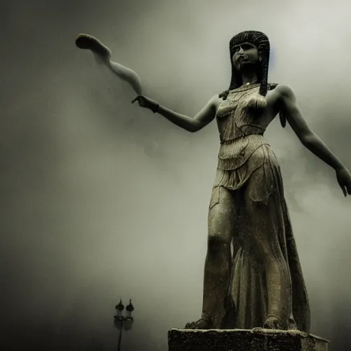 Prompt: sculpture of Cleopatra on the rain, faith, full body, low angle, night, surrounded by smoke, shadows, award winning photography