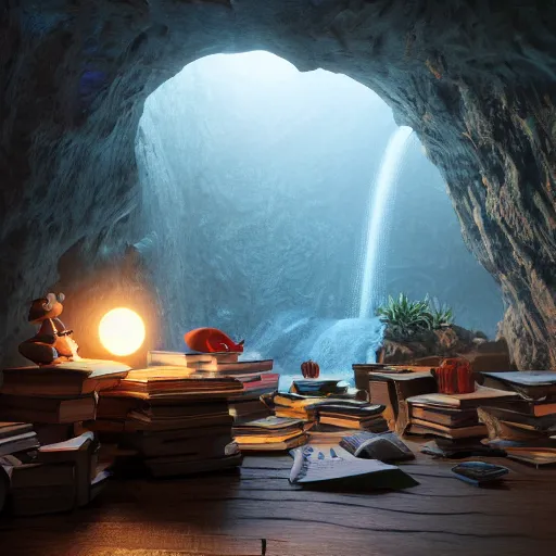 Image similar to books cave, 3 d render, incredible details, highly detailed, photorealistic, disney pixar, smooth, octane render, iridescent, 8 k