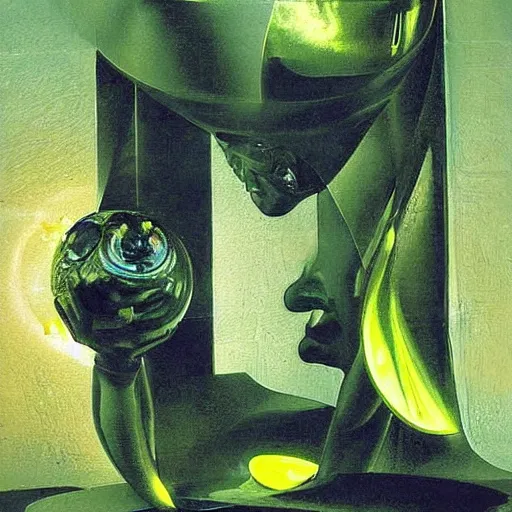 Image similar to A sculpture. A rip in spacetime. Did this device in his hand open a portal to another dimension or reality?! chartreuse by Hans Baldung, by John Berkey serene