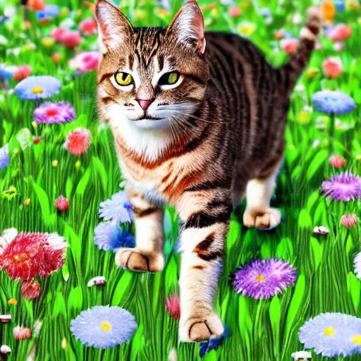 Prompt: Cat with snake color stripes walking in a flowery field, ultra-realistic
