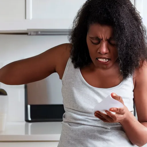 Prompt: a photo of a woman losing her patience because she can't find the paper towel