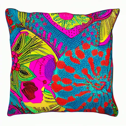 Image similar to a unique and amazing pillow, product shot, intricate, fine detail, full maximalist print, bright colours