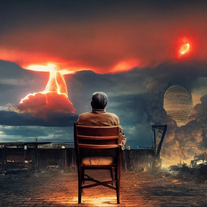 Image similar to cinematic movie, background blur bokeh, old man sitting in chair with black cat watching nuke explosion, world ending nuke, 4 k