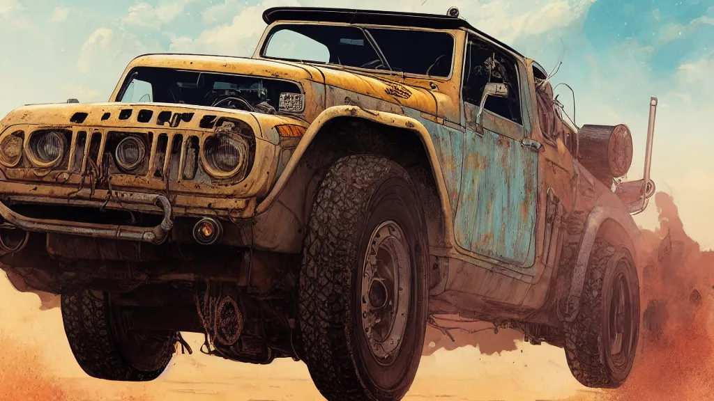 Image similar to digital illustration of mad max's fj 4 0 pursuit special riding fury road eternal shiny and chrome, world of fire and blood, the last v 8 interceptor driving down to the gates of valhalla highway, anime style, year 2 0 9 3, by makoto shinkai, ilya kuvshinov, lois van baarle, rossdraws, basquiat