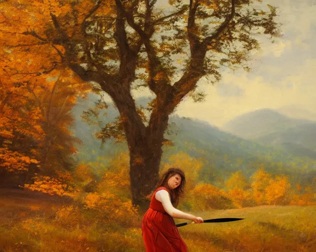 Prompt: landscape portrait of a girl swinging an axe, swinging axe at a hickory tree, autumn mountains, original oil on canvas painting by william sydney mount, trending on artstation