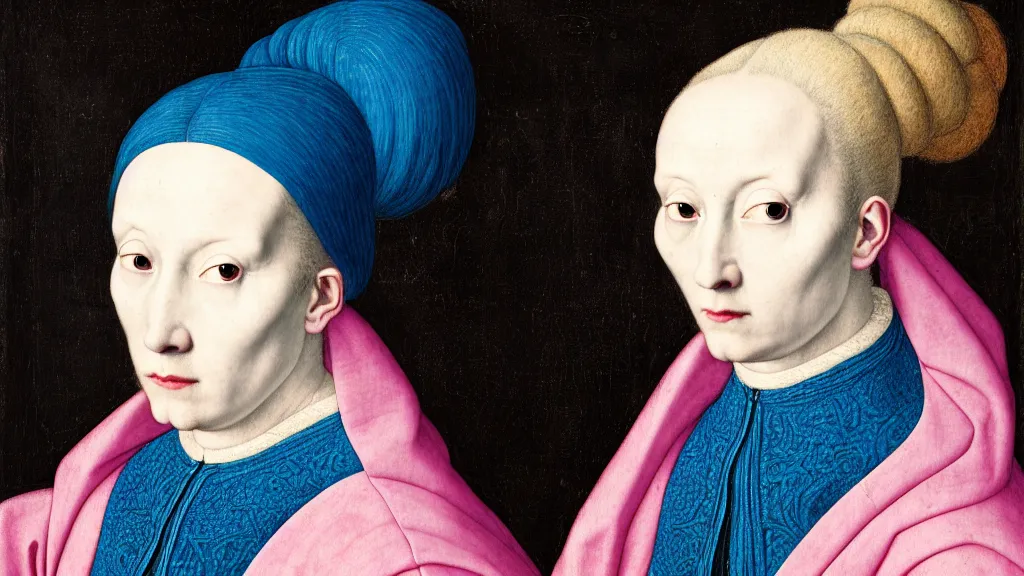 Prompt: portrait of a pale woman with blue hair buns, wearing a pink hoodie, intricate details, high detail, black background, in a high renaissance style, in the style of jan van eyck, punk, asian art,