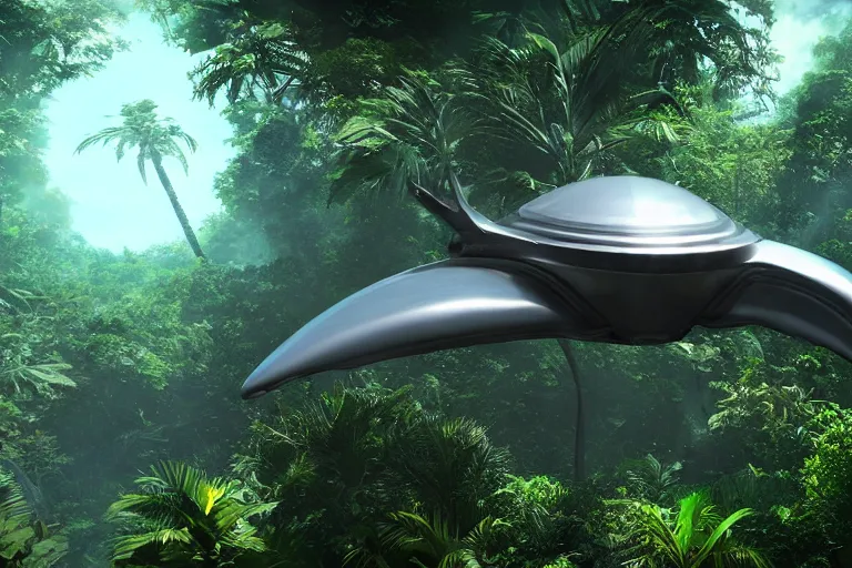 Image similar to big alien space ship flying in the tropical jungle, award winning, trending on artstation, unreal engine