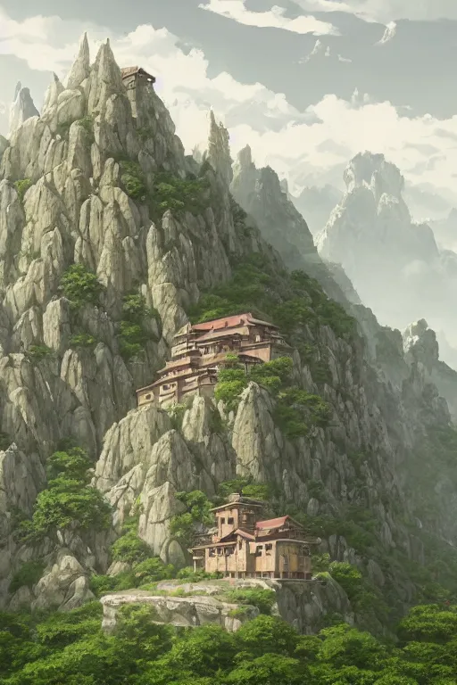 Prompt: a highly detailed matte painting of a post - apocalyptic monastery at the top of a jagged mountain with a giant sickly green sakura trees blooming at the peak by studio ghibli, makoto shinkai, by artgerm, by wlop, by greg rutkowski, volumetric lighting, octane render, 4 k resolution, trending on artstation, masterpiece