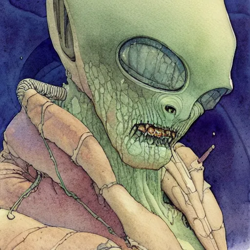 Prompt: a simple and atmospheric watercolour portrait of a pulp sci - fi alien demon, very muted colors, by rebecca guay, michael kaluta, charles vess and jean moebius giraud