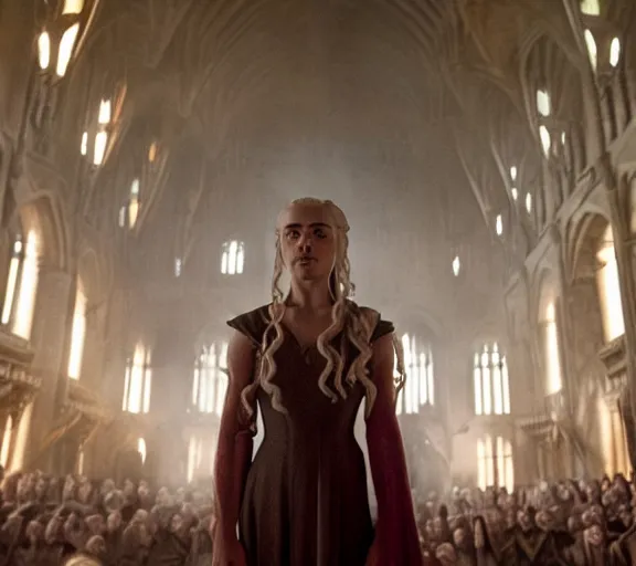 Image similar to Daenerys the Stormborn inside Hogwarts main hall, film still, best shot, 8K