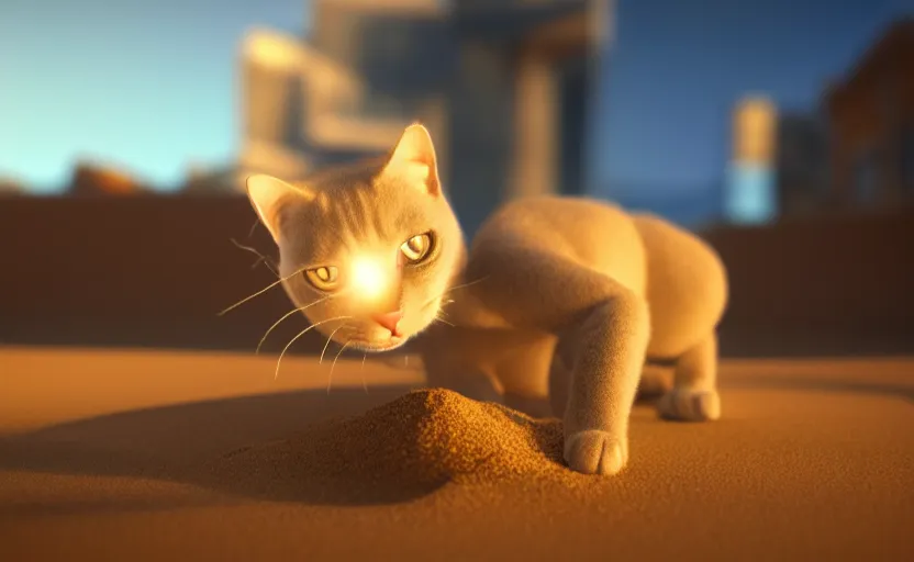 Prompt: a cat playing with sand. daylight. sunlight. lens flare. light fixtures. 8K. detailed. photorealism. artstation. 25mm f/1.7 ASPH Lens. ultra realistic
