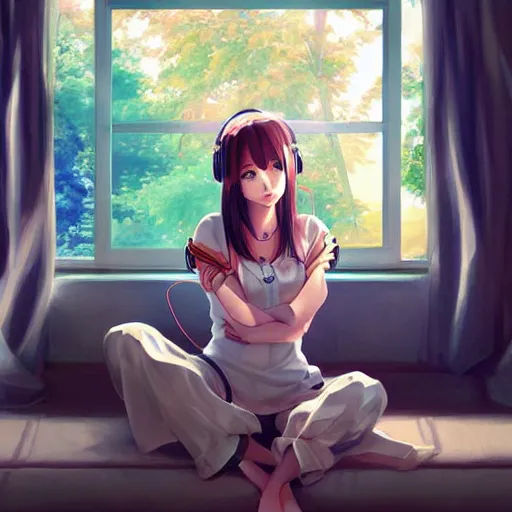 Prompt: anime beautiful girl sits on the sofa and listens to music, the sun shines through the window, highly detailed, 8 k, pixiv, in style of kyoto animation, art by artgerm and cushart krenz