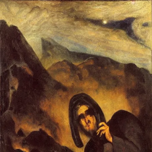 Image similar to Benjamin Netanyahu carrying sacks of money up an obsidian mountain in hell, dark sky, storm, by Franz Stuck