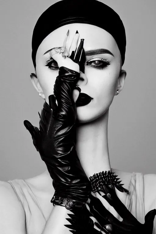 Image similar to a genderqueer iranian woman in a black leather outfit with spikes on her head, a high fashion character portrait by christen dalsgaard, featured on behance, gothic art, androgynous, genderless, gothic