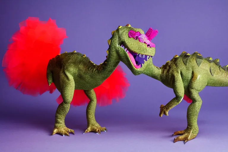 Image similar to dinosaur wearing a tutu, studio lighting, highly detailed, striking, inspiring