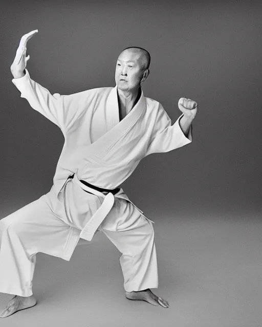 Image similar to Donald Trump practicing karate at the Shaolin temple, photorealistic, studio lighting, photographed in the style of Annie Leibovitz