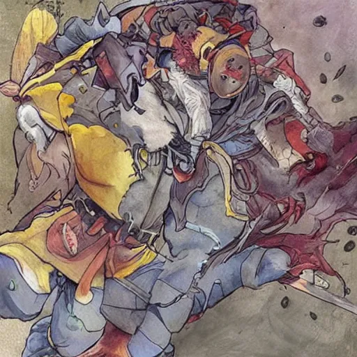 Prompt: heroic character design of anthropomorphized fox, holy medieval crusader, whimsical fox , portrait, fighting posture, dramatic pose, final fantasy tactics character design, character art, whimsical, vibrant, stunning, lighthearted, concept art, colorized pencil, highly detailed, Akihiko Yoshida