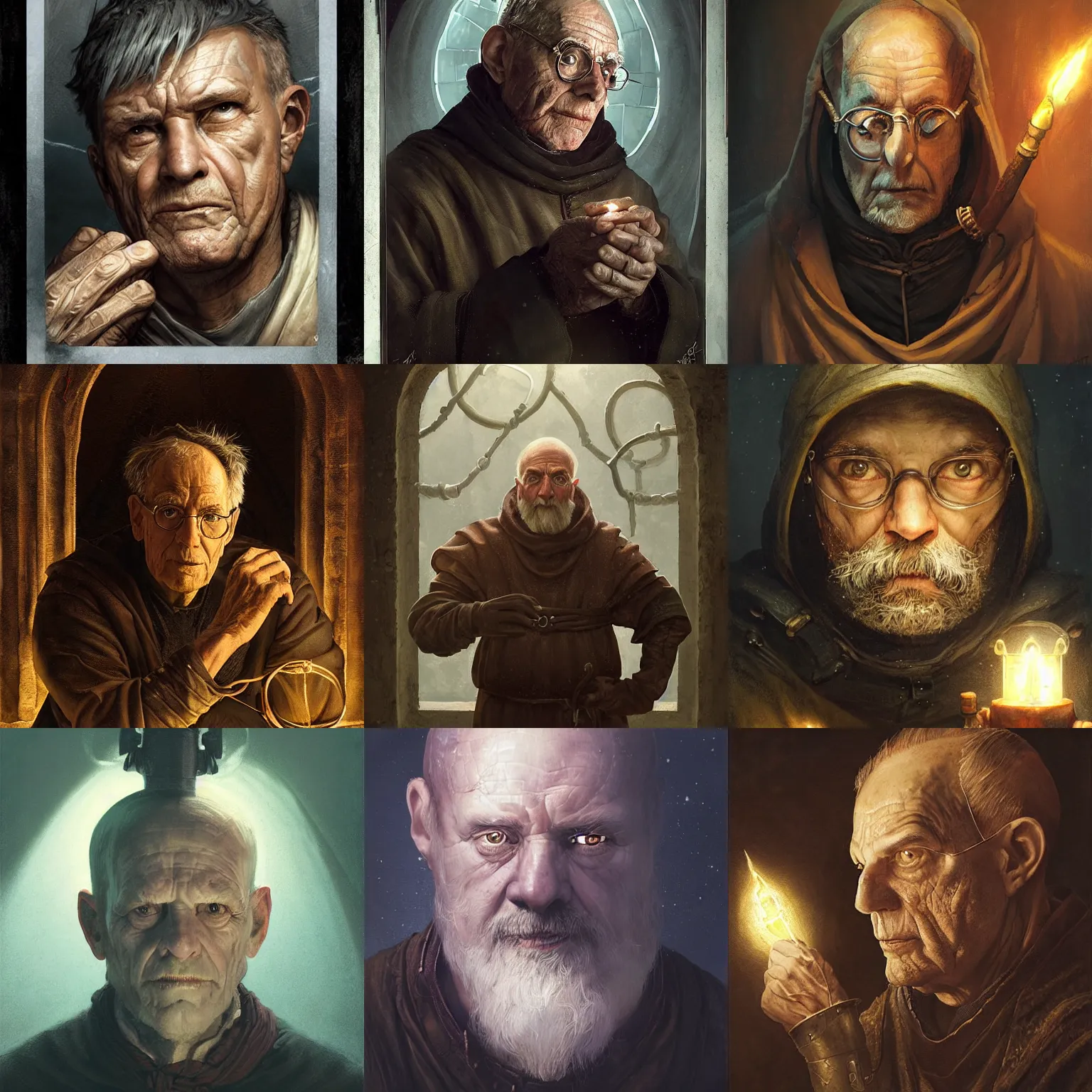 Prompt: portrait of an old, medieval alchemist in the dark, he is looking into the distance thoughtfully!!. close up, contemplative pose, studio lighting bright ambient lighting key light, fantasy, detailed, photorealistic portrait by michael komarck, greg rutkowski, victo ngai, artgerm and j. dickenson