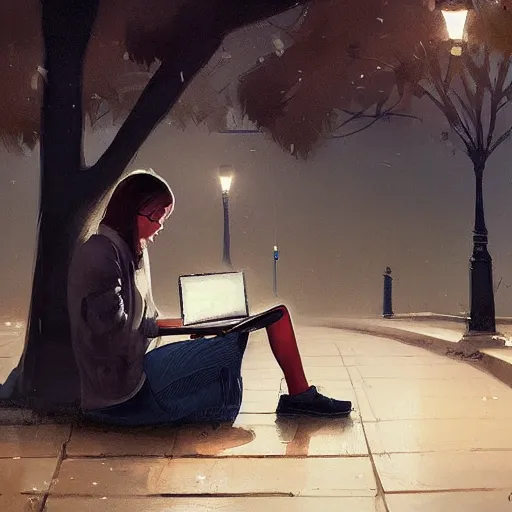 Image similar to a girl working on her laptop, city park, street lighting, greg rutkowski, digital painting