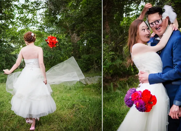 Image similar to care bear themed wedding, professional photography, nerd marriage