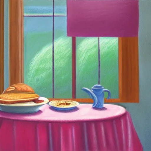 Prompt: a still life pastel painting of a breakfast table overlooking an open window