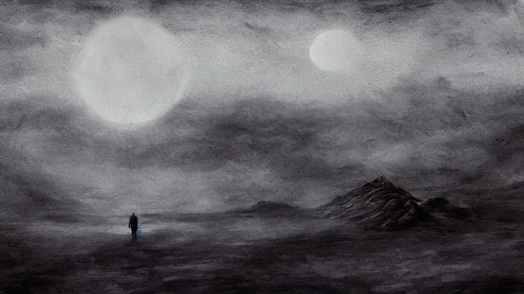 Image similar to the unknown place beyond the sea, ethereal world of dead oceans and burning mountains, under a pale dead moon, reds and blues and greys, a lifeless dried husk of a world, folk horror, dramatic dark eerie lighting, horrific surreal nightmare, 8k resolution artwork, horror art, eerie, creepy, trending on artstation, painting, elaborate excellent painted illustration, smooth, sharp focus