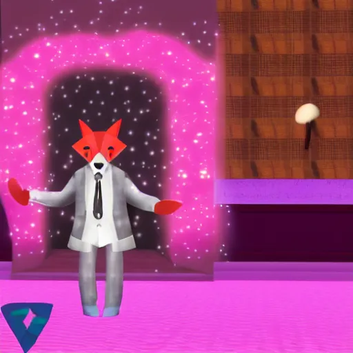 Prompt: Second Life screenshot of a fox in a sparkly pink tuxedo in a GYC night club