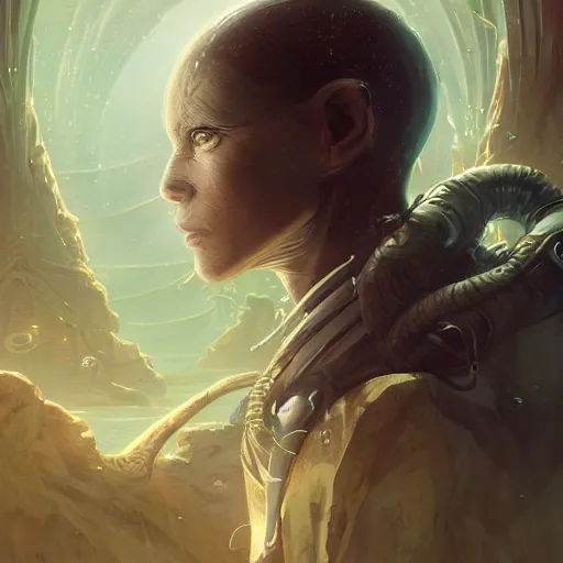 Image similar to highly detailed portrait from a male alien, extraterrestrial, aquatic, stephen bliss, unreal engine, fantasy art by greg rutkowski, loish, rhads, ferdinand knab, makoto shinkai and lois van baarle, ilya kuvshinov, rossdraws, tom bagshaw, global illumination, radiant light, detailed and intricate environment