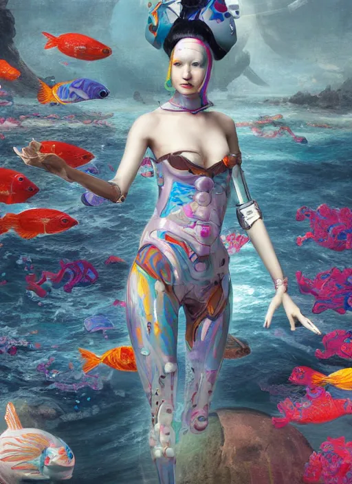 Image similar to portrait of a futuristic geisha cyborg in the ocean surrounded by little colorful fish, modern fine art, fractal, intricate, elegant, highly detailed, digital photography, subsurface scattering, by jheronimus bosch and greg rutkowski,