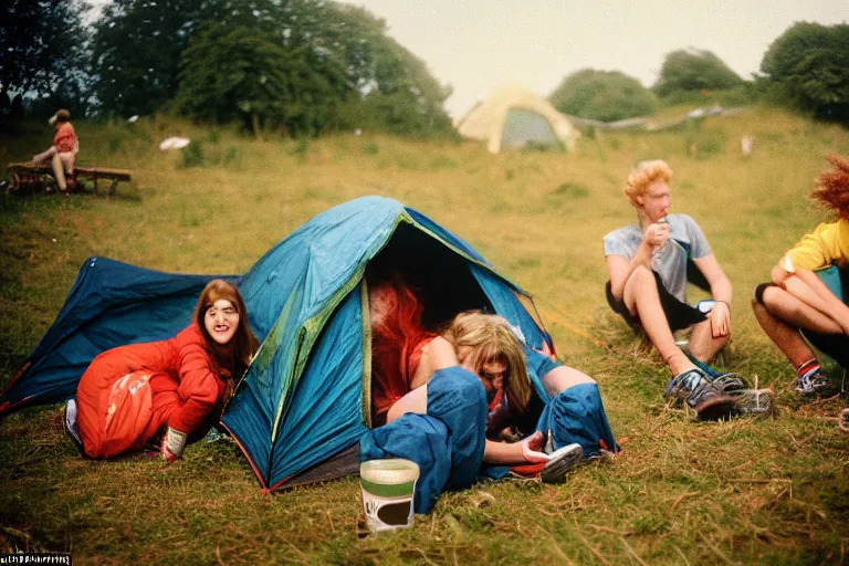 Image similar to candid photo of 3 teenagers camping at Glastonbury, UK, Kodak Portra 200,8K,highly detailed: beautiful perspective closeup environmental portrait photo in style of 2000s retrofuturism, cinema lighting , by beksinski, photography fashion edition, tilt shift, highly detailed, focus on man ;blonde hair;blue eyes, clear eyes, soft lighting