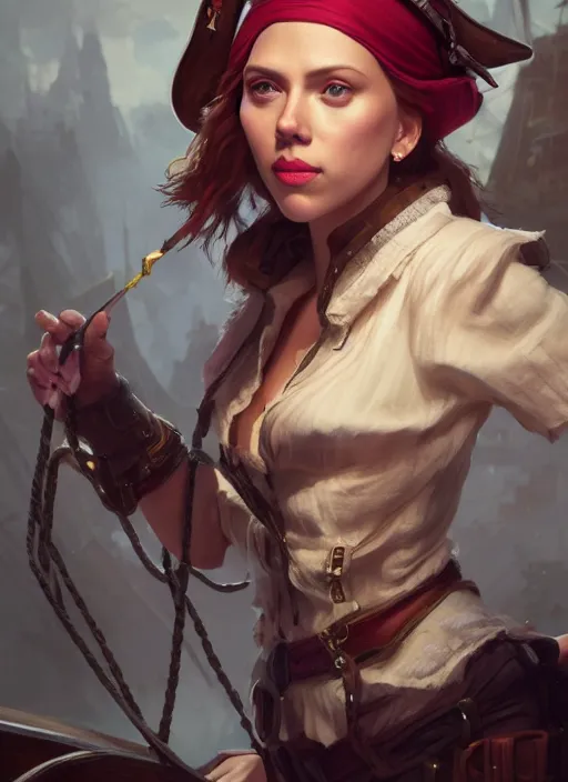 Image similar to portrait of scarlett johansson as a pirate, hyper detailed, digital art, trending in artstation, cinematic lighting, studio quality, smooth render, unreal engine 5 rendered, octane rendered, art style by klimt and nixeu and ian sprigger and wlop and krenz cushart.