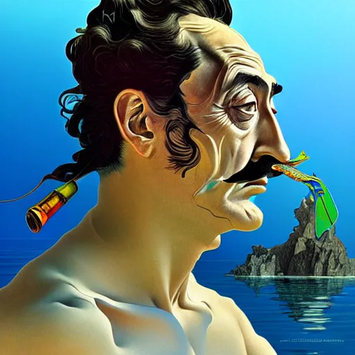 Image similar to portrait of salvador dali snorkeling in cap de ras, highly detailed, digital painting, artstation, sharp focus, illustration, art by tan zi and alphonse mucha