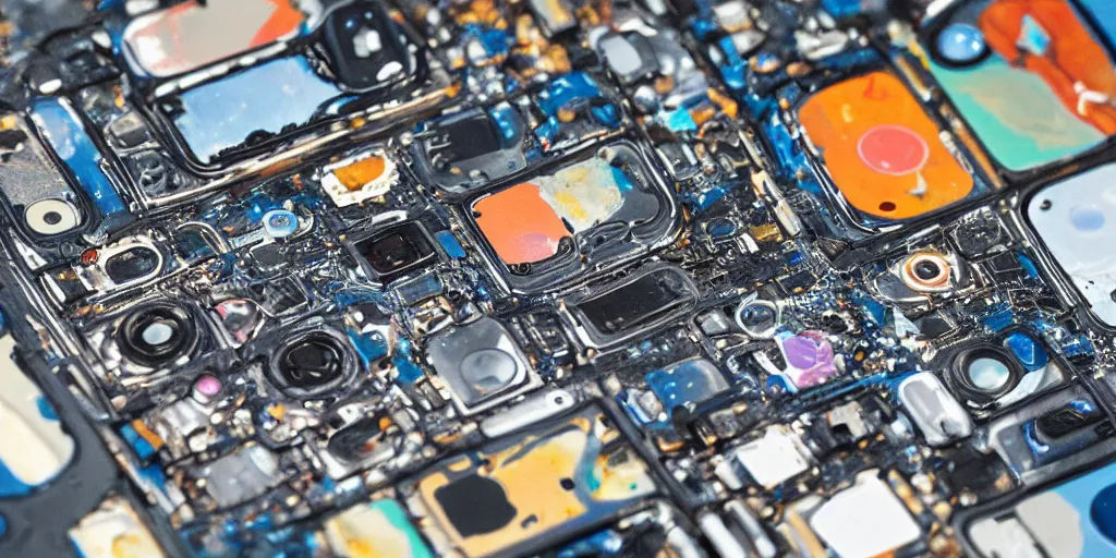 Image similar to the inner workings of an iPhone 13, high detail, colorful