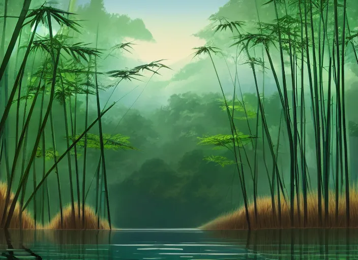 Image similar to misty japanese bamboo forest, cell shaded, lake, waterfall!!!!!, large rocky mountain, rule of thirds, sunny, cartoony, drawing, stylized anime, sun rays, soft, by hayao miyazaki, ghibli studio, makoto shinkai, toei animation, studio trigger, trending on artstation, 4 k, hd